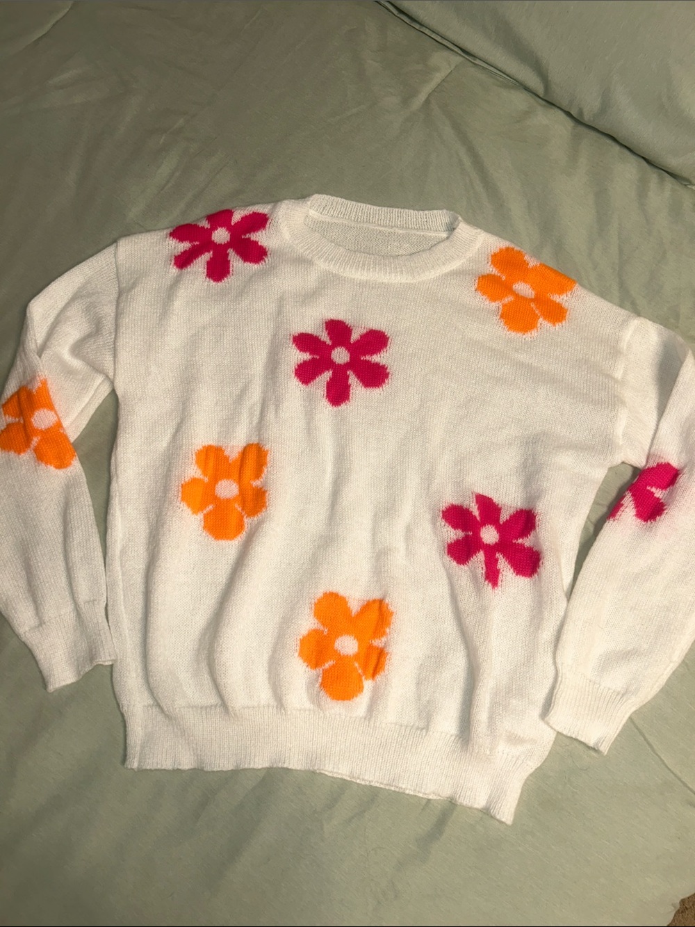 White Floral Crewneck Sweater with Pink & Orange Flowers